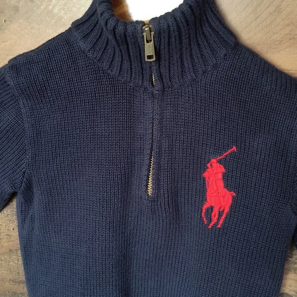 Polo Ralph Lauren Quarter Zip Pullover Knit Sweater Navy Blue Big Pony Sz 5 Boy